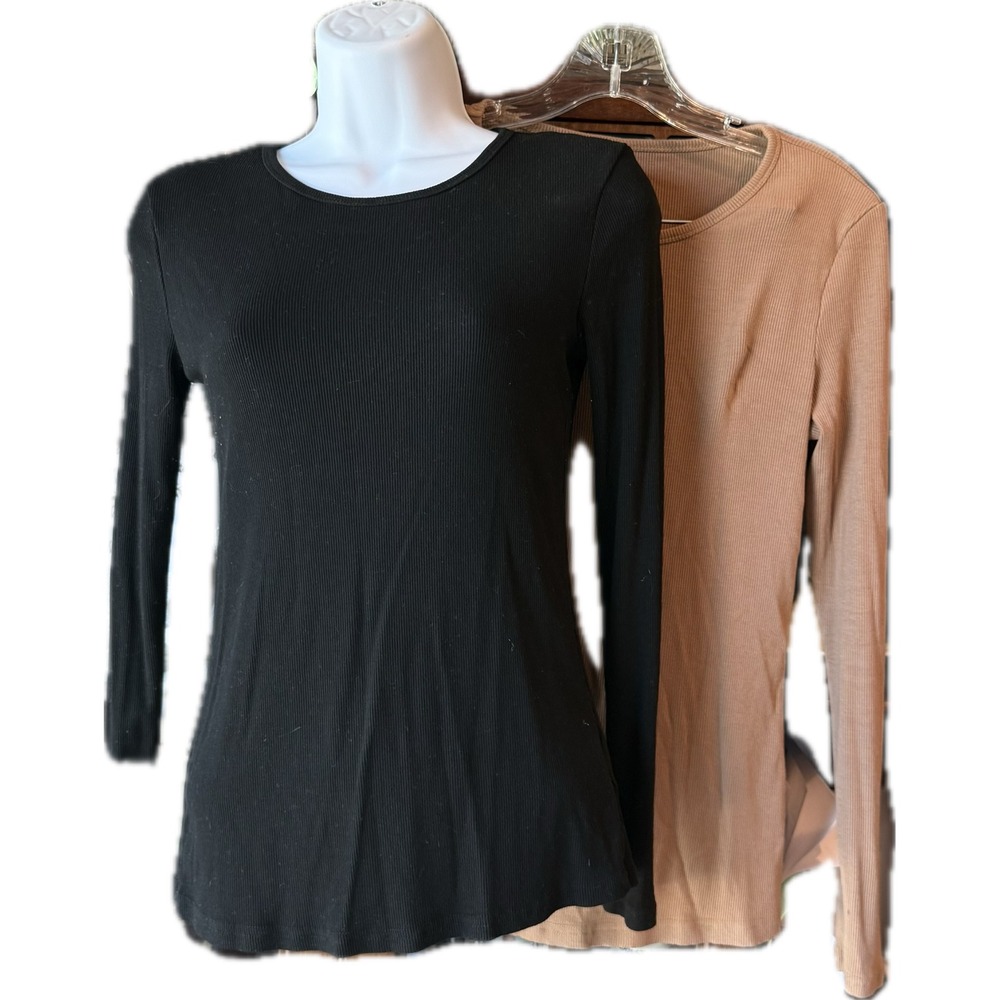 Lot of 2 Women's Ribbed‎ Long Sleeve Tops Black Brown Size Small Layering